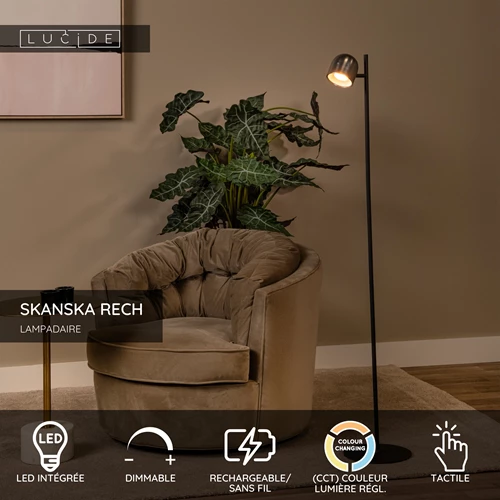 Lucide SKANSKA RECH - Lampadaire Rechargeable Intérieur/Extérieur - Batterie/Piles - Ø 23 cm - LED Dim. - CCT - 1x3W 3000K/6000K - IP44 - Fer gris - USP
